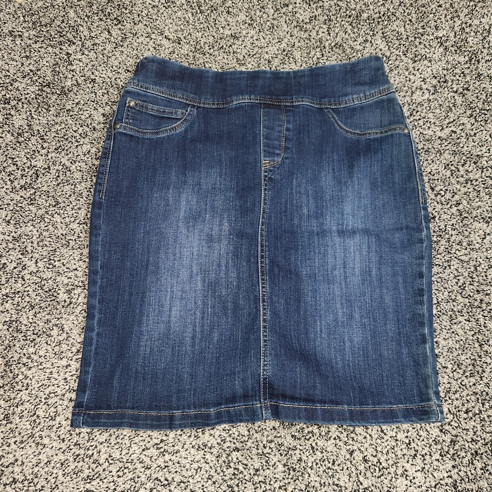 Christopher & Banks Petite Denim Pencil Skirt Women's 8P Darkwash Stretch Modest